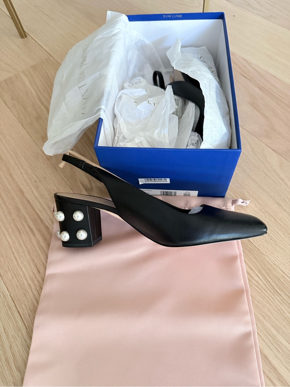 Stuart Weitzman Black Slingback Heels with Pearl-Stud Block Heel - Picture 2 of 6